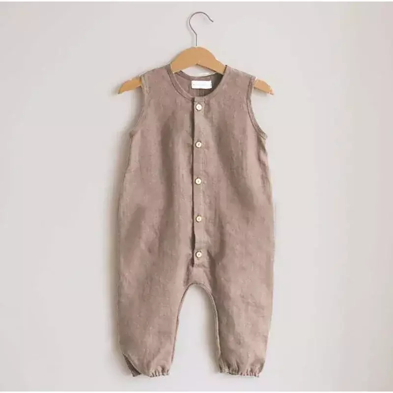 Pelele de lino y algodón para bebé, mono con botones, liso, sin mangas, ropa de verano