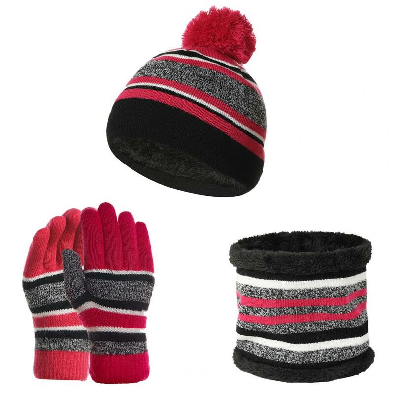1 Set Thicken Knitting Hat Scarf Gloves Soft Stretchy Autumn Winter Stripe Knit Cap Scarf Gloves For Kids