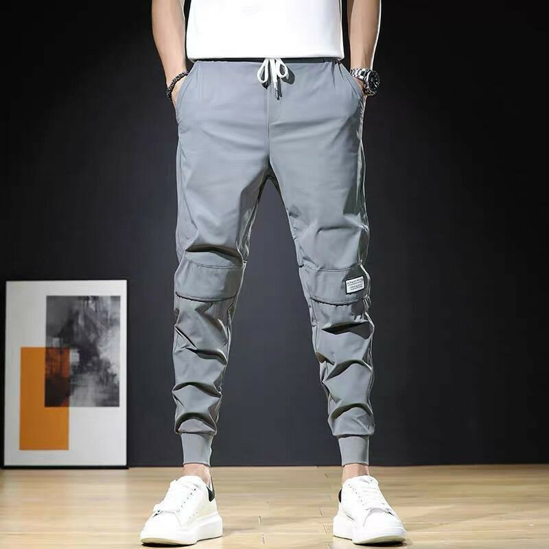Calça casual de cintura elástica masculina, perna cônico, estiramento, ideal, exercício, Harajuku, para uso diário, primavera, verão
