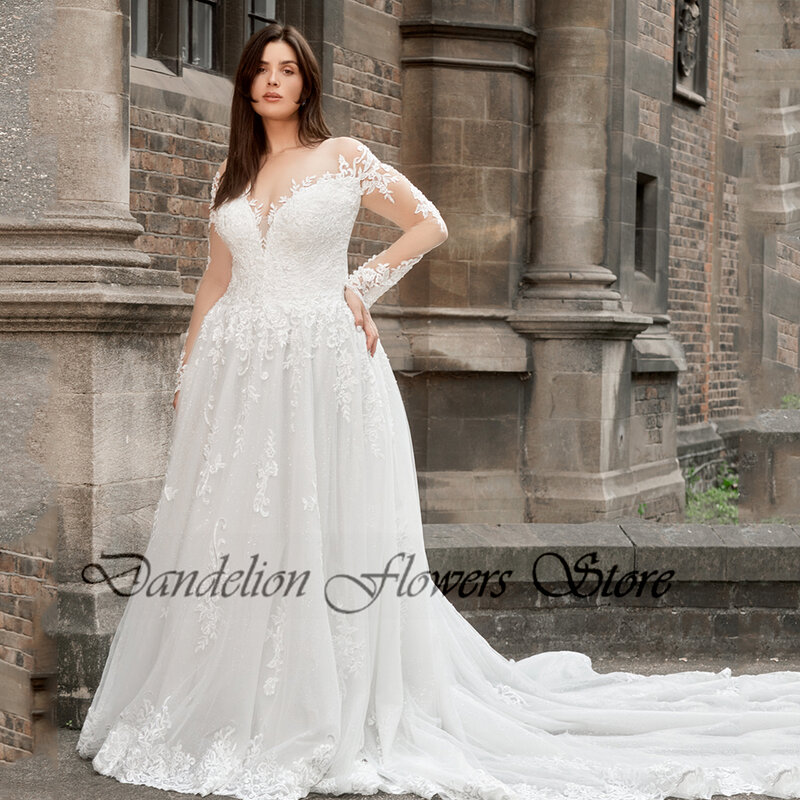 Exquisite Wedding Dresses Plus Size O-Neck Full Sleeves Lace Applique Bride Gowns Tulle A-Line Sweep Train Vestido De Noiva