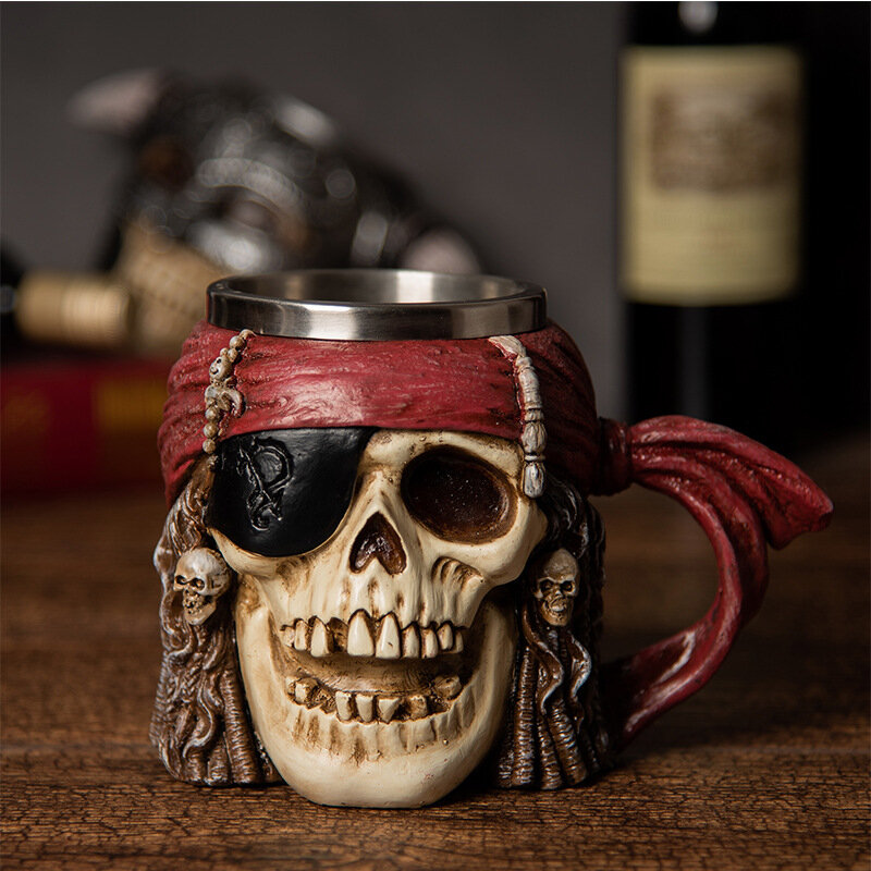 Criativo Caneca de café do crânio do aço inoxidável, resina retro, copo de cerveja do Dia das Bruxas, Viking Tea Cup para o escritório, Home Bar
