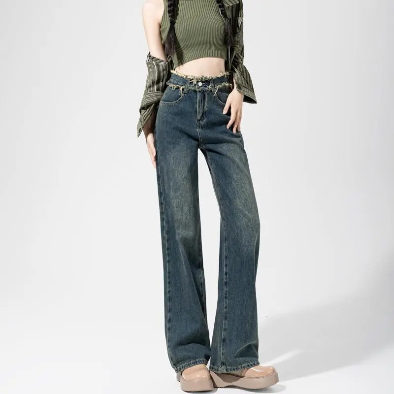 2023 Fashion gaya Retro Jeans robek tepi kasar wanita musim semi musim gugur dicuci pinggang tinggi tabung lurus longgar pas badan menara Lantai