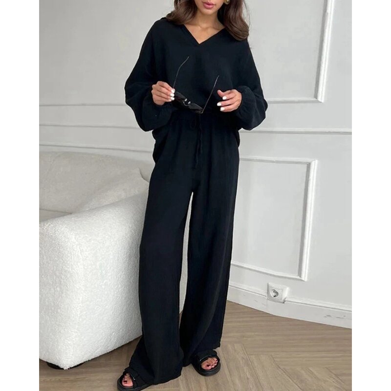 Conjunto feminino de manga comprida com decote em V e calças largas, roupas elegantes monocromáticas, cordão, conjunto 2 peças