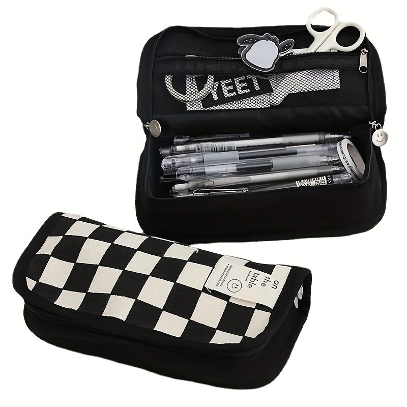 Large Capacity Pencil Case Simple Checkerboard Lattice  Bag Stationery Student Canvas Estuche Multifuncional Lapices