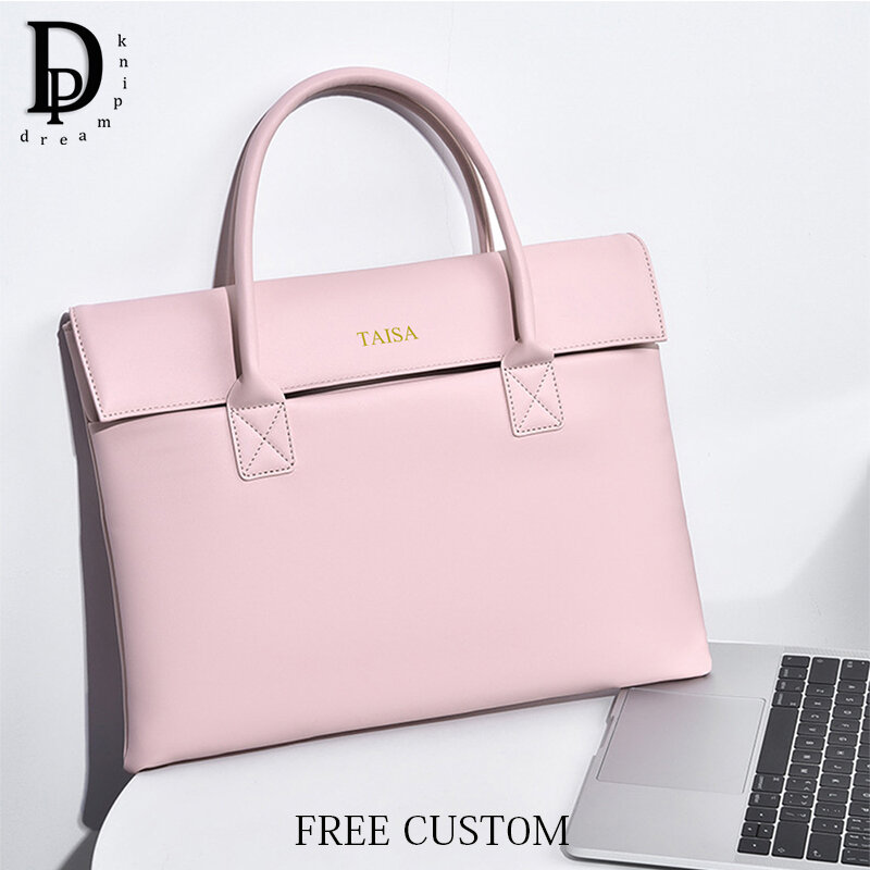 Large Capacity Custom Initials Laptop Bag PU Leather Business Office Student Briefcase Fashion Simple Notebook Computer Handbag