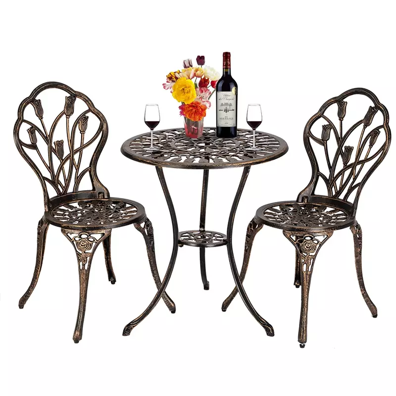 Conjunto e muebles d außen de aluminio fundido, conjunto mesa y sillas estilo europeo, tulipán bistro, bronce, 60x60x