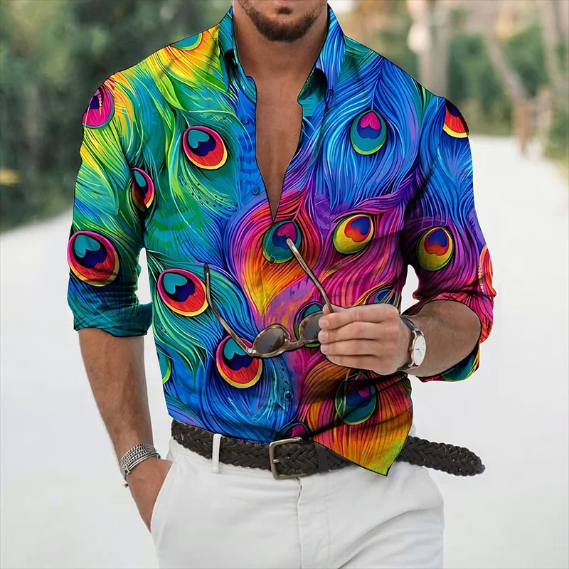 Новинка 2024, повседневная мужская рубашка с 3D принтом Павлиньего хвоста, с воротником поло, с длинным рукавом, s-6XL, четырехсторонняя эластичная тканевая рубашка