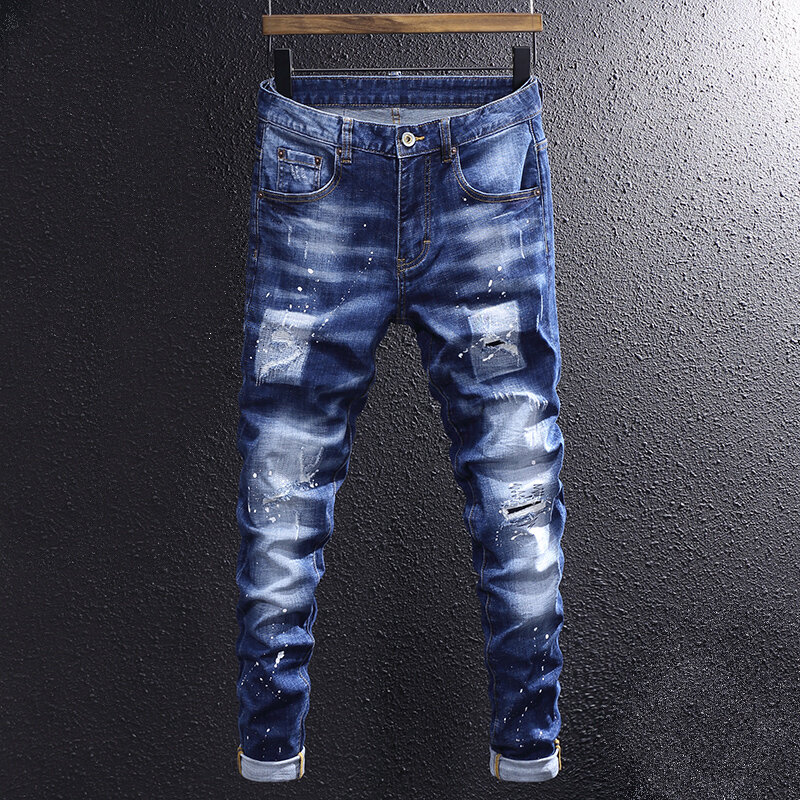 Streetwear moda uomo Jeans Retro blu elastico Slim Fit Jeans strappati uomo verniciato Designer Hip Hop Denim matita pantaloni Hombre