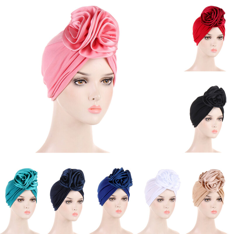 Chapéu de turbante vintage com flor para mulheres, bandana feminina, bandana, capa de cabelo feminina, envoltórios de cabeça femininos, lenço muçulmano, boné, moda