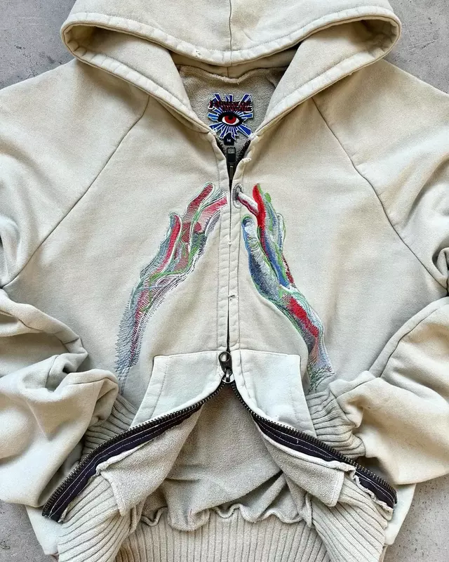 2024 New Zipper felpa con cappuccio Y2K Large Pattern Design camicia sportiva da uomo e da donna Street Retro Harajuku Punk Wash sciolto top con cappuccio