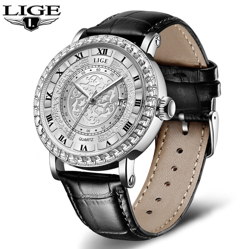 LIGE-Men ساعة يد كوارتز جلدية مع صندوق ، ساعة عمل مقاومة للماء ، علامة تجارية مشهورة ، تصميم فاخر ، رياضة ، ذكر