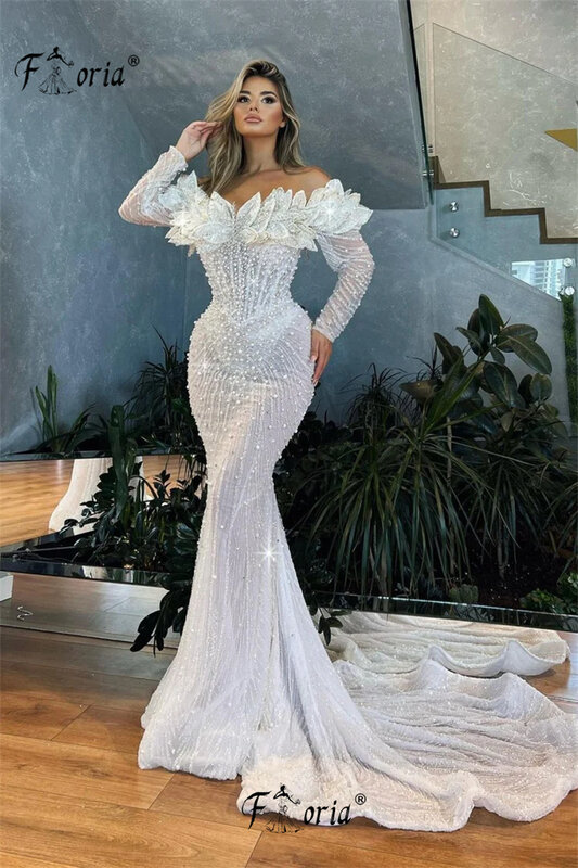 Elegant Dubai Pearls Mermaid Formal Evening Dresses Beads 3D Appliques Arabic Prom Dress Wedding Party Gowns 2023 Robe De Soiree