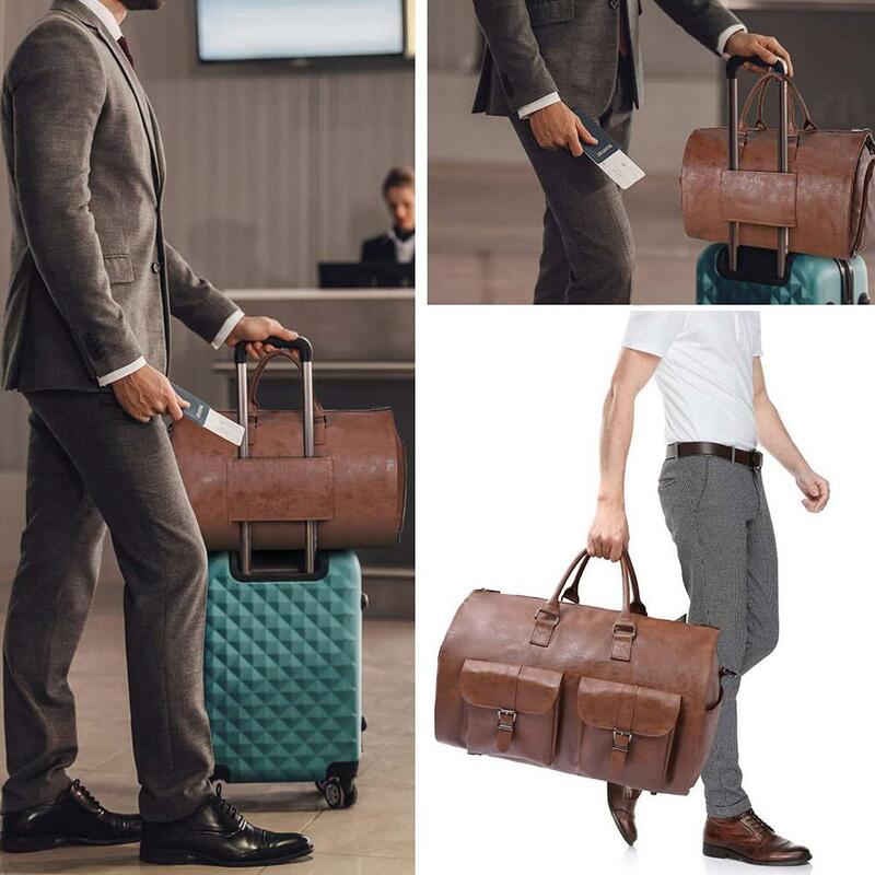 Garment Bag For Travel Pu Leather Waterproof Large Weekender Bag For Men 2 In 1 Hanging Suitcase Suit Dress Business Travel O7R0
