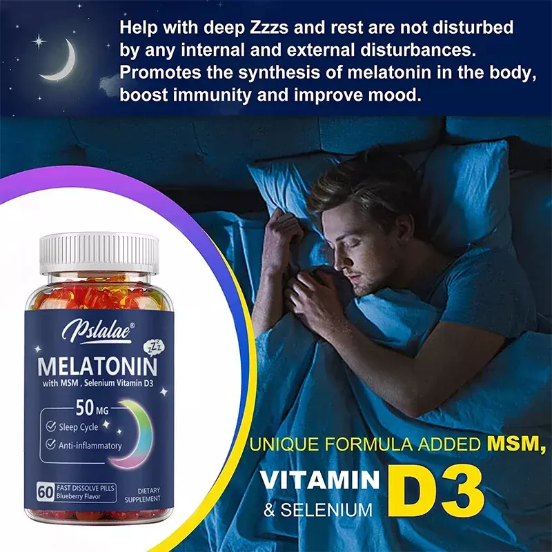Gomas de melatonina Gomas, 50 mg, Força Extra, com MSM, Acessório com Vitamina D 3, Vegano, Não OGM, Não OGM, Não Livre