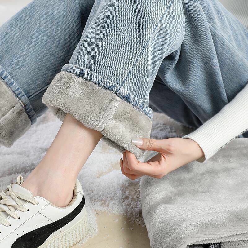 Winter Warm Jeans Women Korean Loose Thick Plus Velvet High Waist Wide Leg Jeans Pant Y2k Casual Straight Fleece Denim Trousers