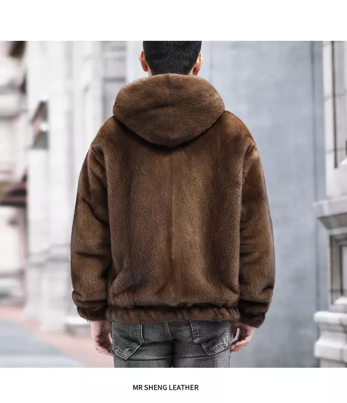 Fcy-Menの毛皮の袖のコート,ファージャケット,フード付き,茶色,冬