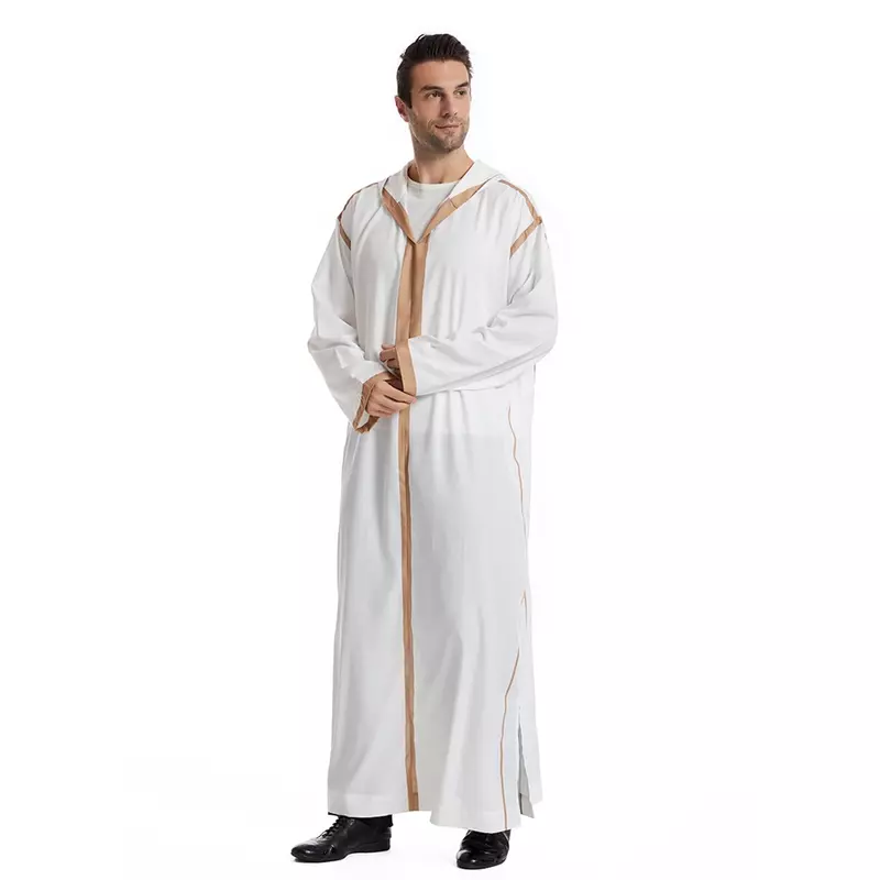 Kostum jubah Arab Dubai Saudi Abaya pria Muslim Jubba gaun Thobe Lebaran bertudung Turki Kaftan pakaian Islami Kaftan pesta Tengah