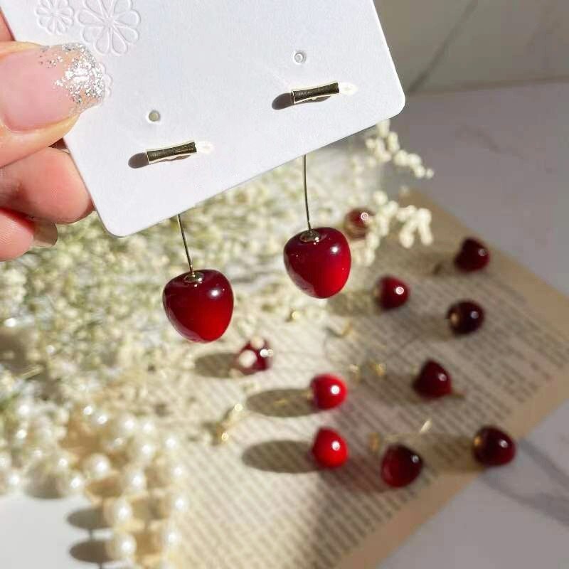 Fashion Fruit Cherry Cherry Cherry Shape Stud Earrings Female Cute Long Jewelry Student Birthday Gift