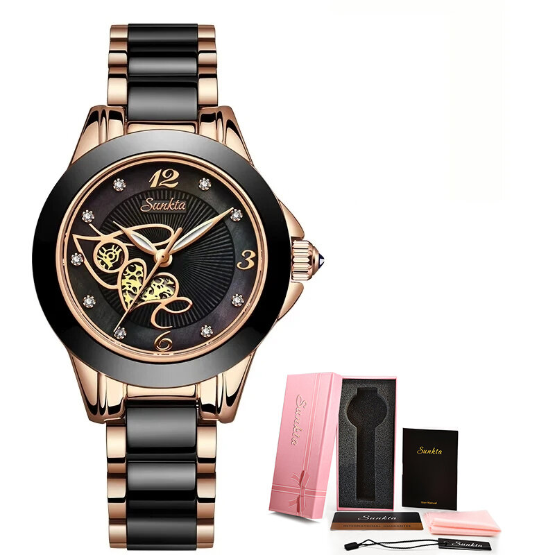 SUNKTA – montres de luxe pour femmes, en céramique noire, diamant, montre-bracelet étanche à Quartz, cadeau d'horloge