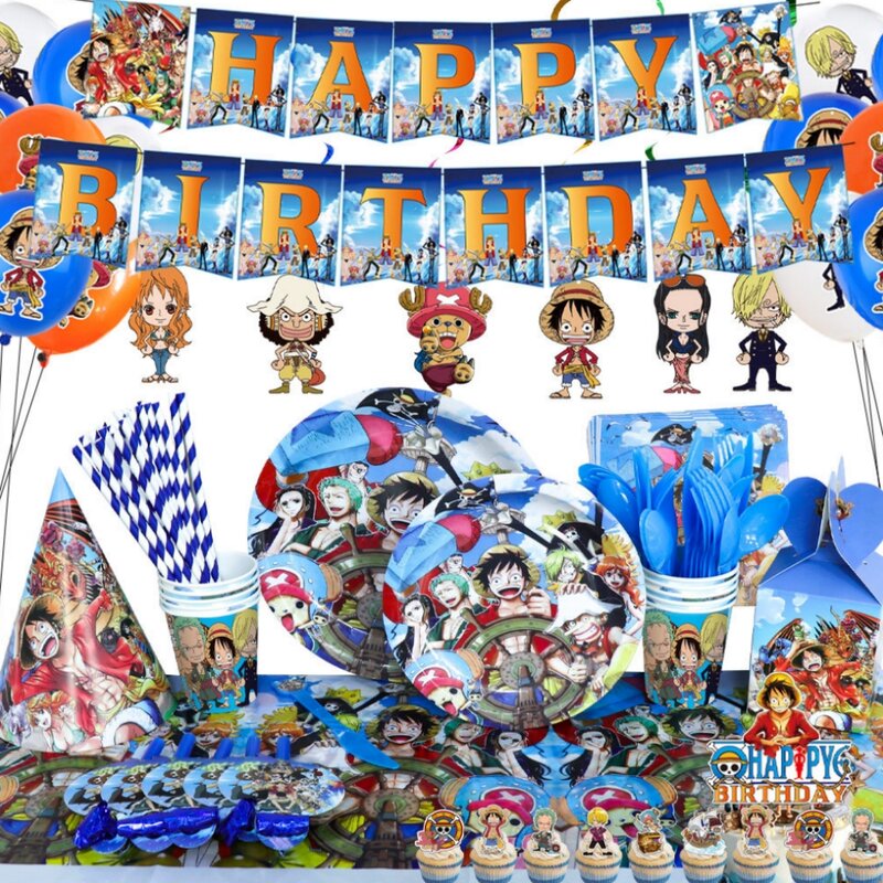 Peralatan makan dekorasi ulang tahun, perlengkapan pesta anak-anak, topi backdrop, topi bendera, peralatan makan, balon Zoro, Anime Luffy Zoro, dekorasi ulang tahun, mainan hadiah