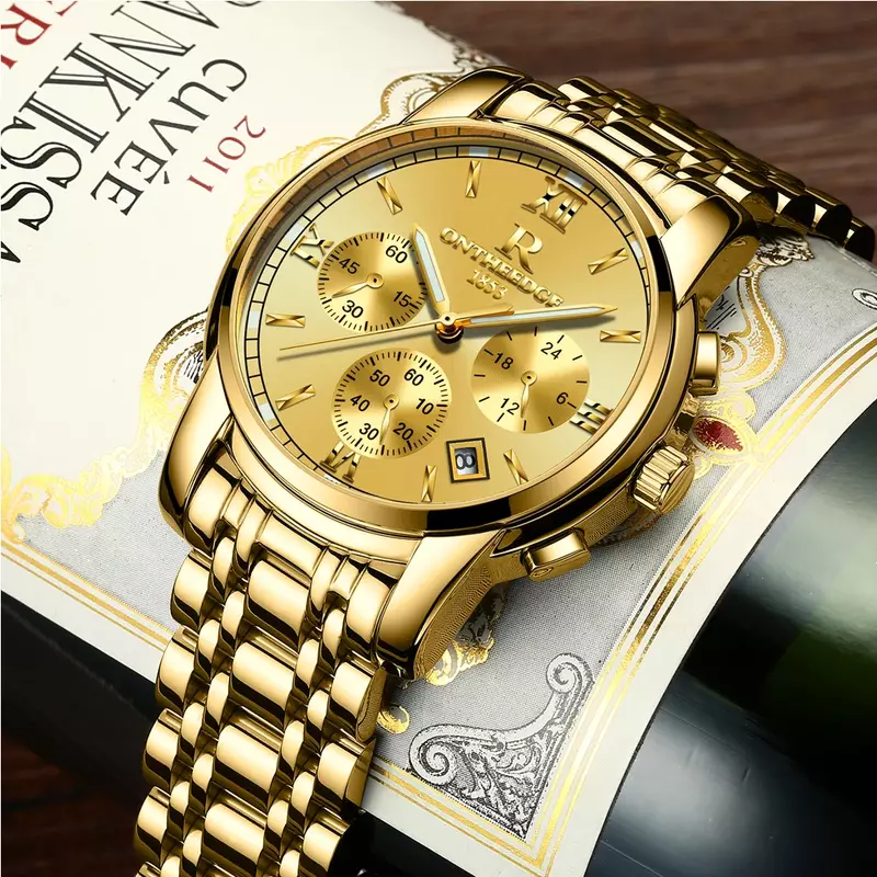 ONTHEEDGE-남성 럭셔리 골드 전체 스테인레스 스틸 패션 시계, 남성용 비즈니스 시계, 쿼츠 남성 시계, 크로노그래프