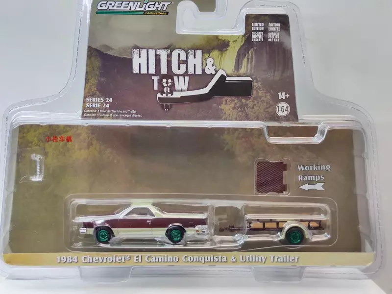 1:64 1984 Chevrolet El Camino Conquista & Utility Trailer Sport e Trailer Green Edition collezione di modelli di auto W526