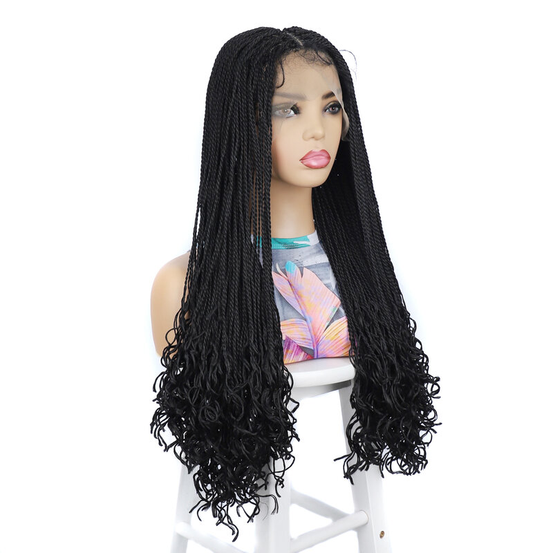 Black Braided Wigs Synthetic Lace Front Wigs with Wavy Ends Kontless Box Braids Wig for Black Women Colorful Braiding Hair Wig