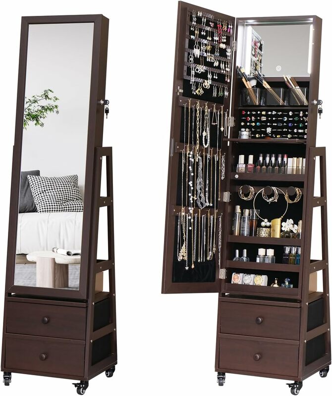 Rotating Jewelry Cabinet with Lockable Full-Length Mirror Large Capacity Organizer Armoire Storage Shelf LED Light Wheels 180