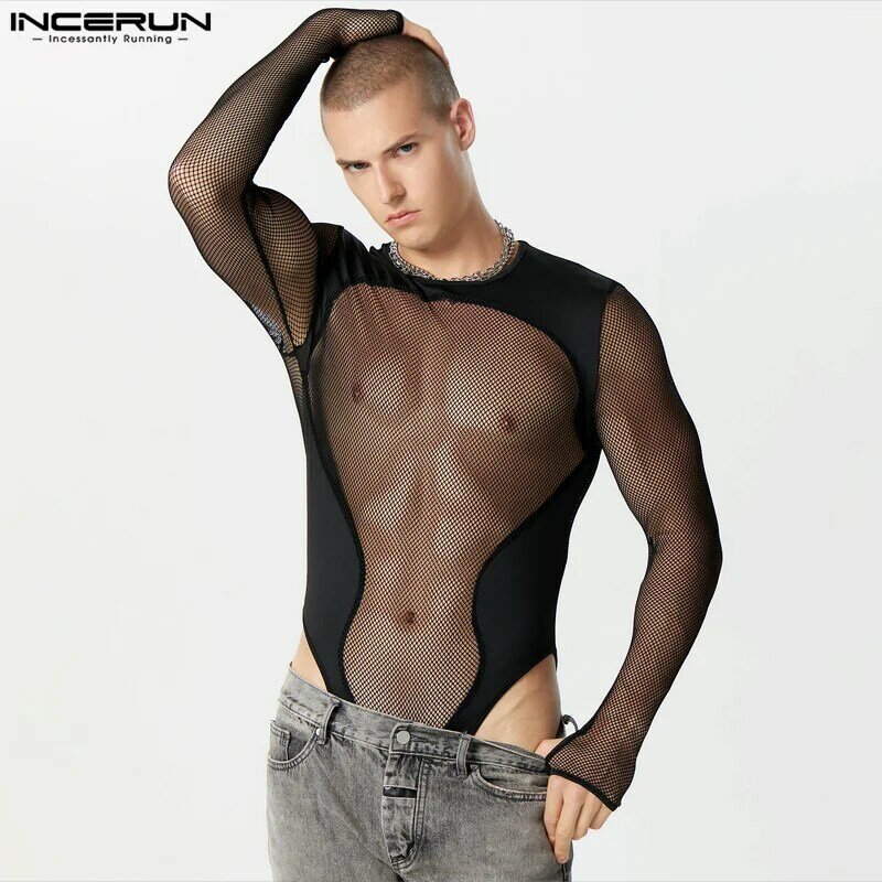 INCERUN 2024 Sexy Men Homewear Bodysuits Casual See-through Mesh Patchwork Rompers Stylish Long Sleeved Triangle Jumpsuits S-3XL
