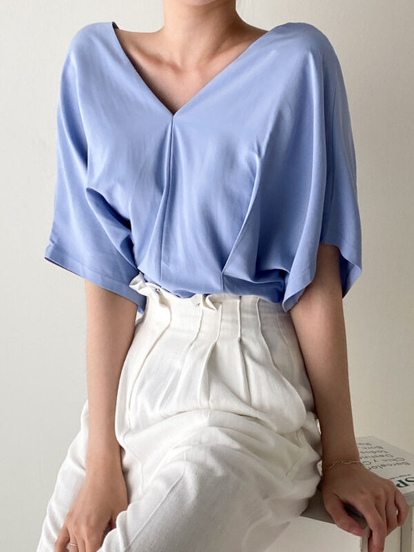 QOERLIN 시크 V넥 플리츠 여성 셔츠, y2k 루즈한 오버사이즈 캐주얼, 불규칙한 디자이너 블라우스, 우아한 여름 일본 블라우스