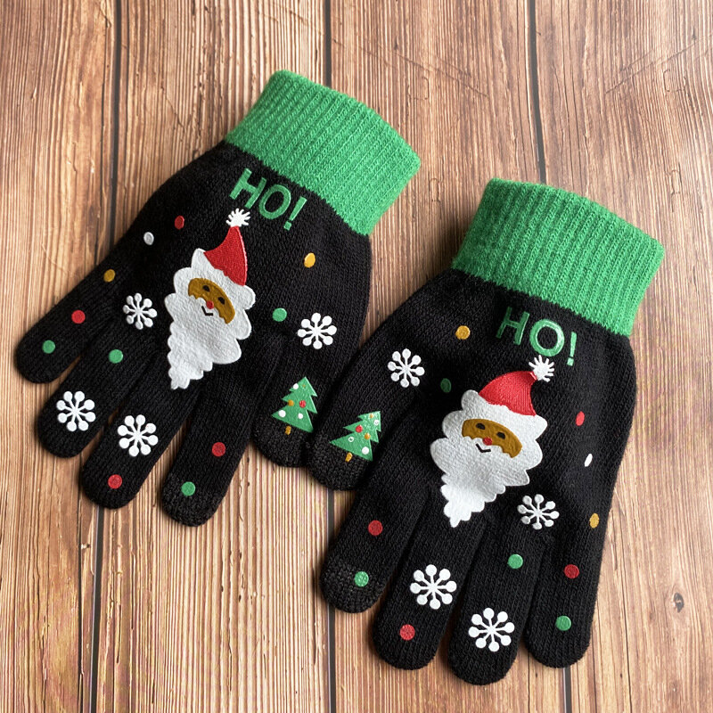 Christmas Parent-Child Gloves Fashion Knitted Thick Gloves Adult Kids Cartoon Xmas Printed Warm Full Finger Touch Screen Gloves