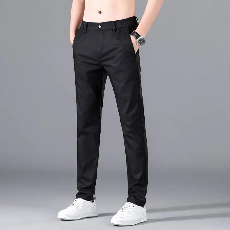 남성용 얇은 캐주얼 포켓 바지, 비즈니스 사무실 패션, 스트레이트 지퍼 격자 무늬 바지, 남성 의류, 2024