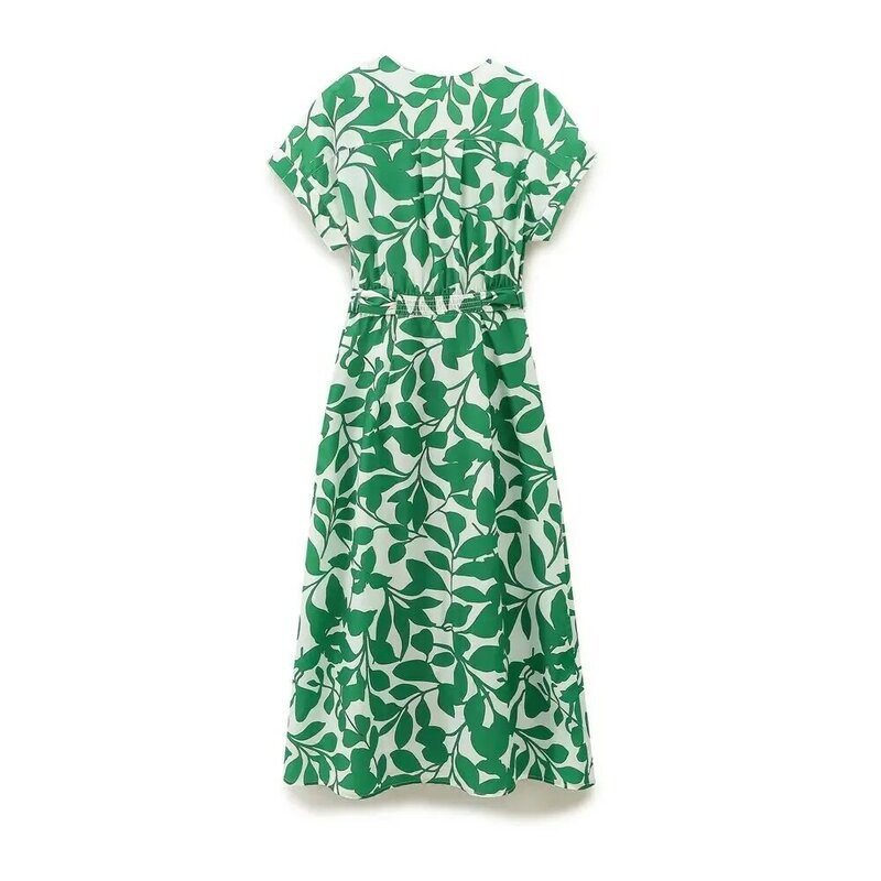 Damen neue Mode mit Gürtel Knopf Dekoration lässig V-Ausschnitt gedruckt Midi-Kleid Retro Kurzarm Tasche Damen kleid Mujer