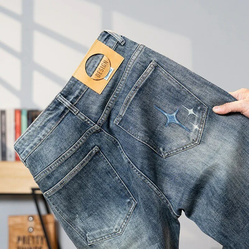 Calça jeans retrô masculina, jeans com ajuste reto, casual e versátil, elástica e leve, luxo e moda, marca de alta qualidade e moda, 2024