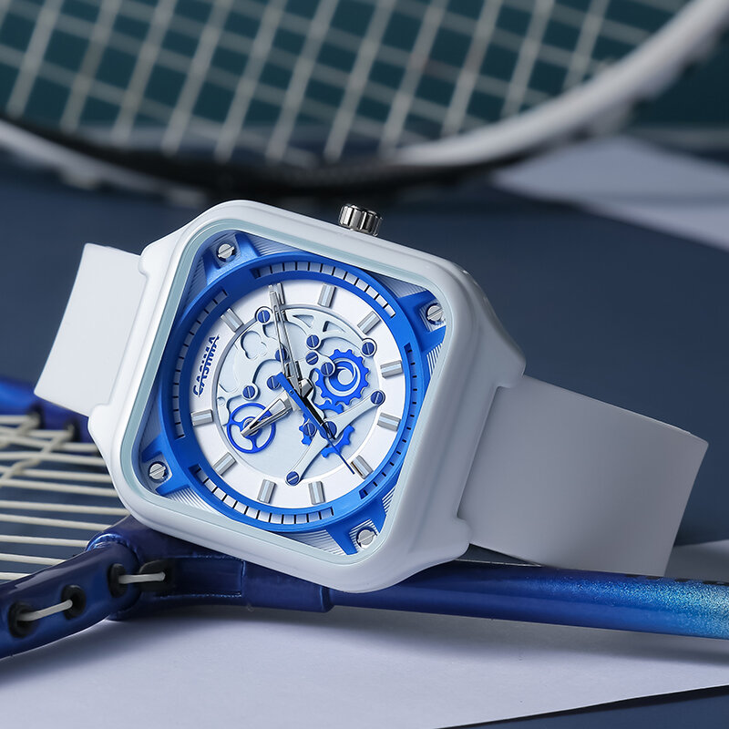 Casual esportes relógios com pulseira de silicone, oco, retângulo Dial, impermeável quartzo relógios de pulso, casal estilo, moda