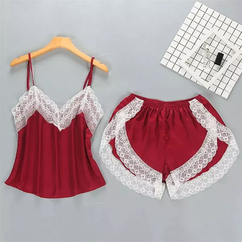 1611-7sexy Seide mehrfarbig optional Spitze Seide Hosenträger Shorts zweiteiligen Anzug Homewear Frauen