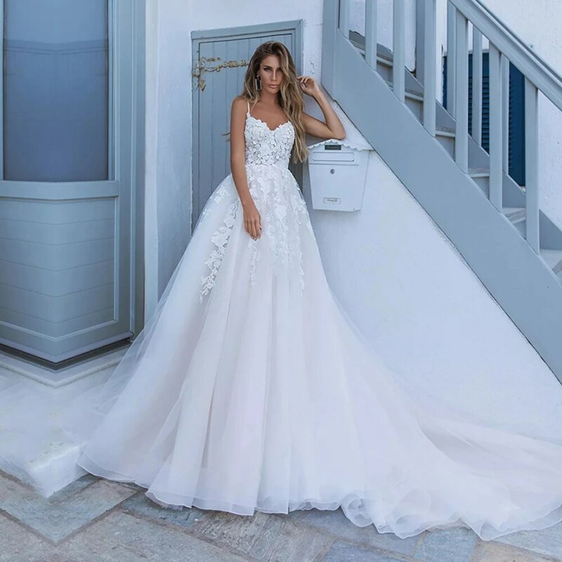 ชุดแต่งงานทรงเอไลน์สีขาวเซ็กซี่สำหรับผู้หญิง2024ชุดแต่งงานลูกไม้สี Sablon Bunga ความยาวแบบโมเดิร์นสำหรับผู้หญิง Vestidos de Novias