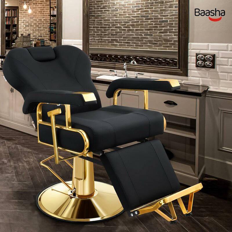 Kursi Salon berbaring profesional, dengan sandaran dapat disesuaikan, kursi tukang cukur emas hitam elegan dengan rangka baja tugas berat