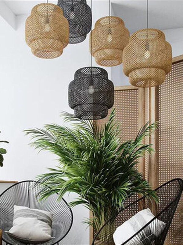 Candelabro de bambú tejido a mano, lámpara moderna de arte para comedor, dormitorio y comedor