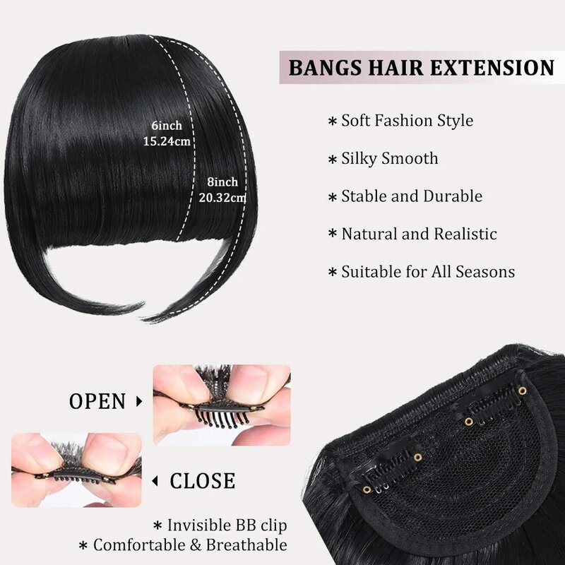 Bangs Hair Synthetic Extension Clip in Bangs High Quality Flat Bang with Temples 6 Inche Front Face Bangs for Women Girls Daily
