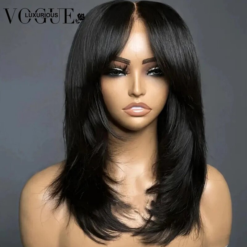 Perruque Lace Closure Wig naturelle brésilienne Remy, cheveux humains, 4x4, pre-plucked, sans colle, avec frange, en vente