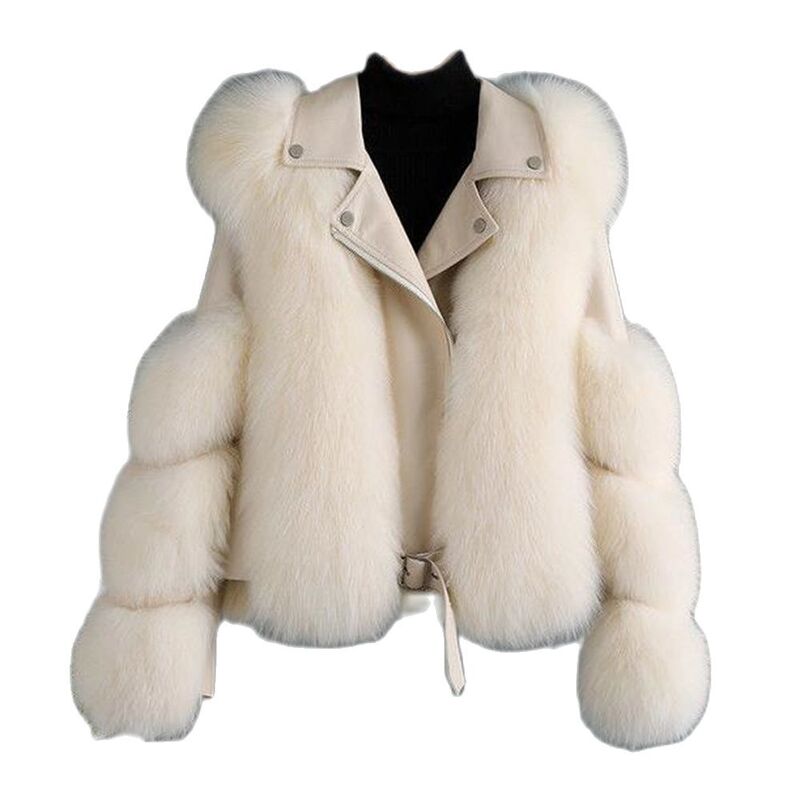 Женская зимняя мотоциклетная куртка из искусственной кожи с отложным воротником, теплая верхняя одежда, роскошное Женское пальто 2024, пальто из искусственного лисьего меха