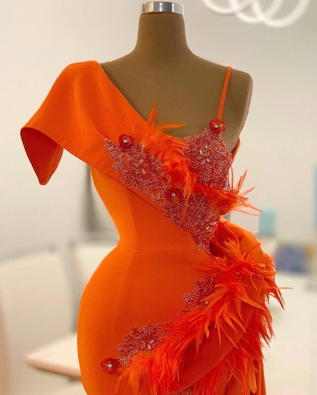 Orange Haute Couture Ballkleider Meerjungfrau von der Schulter Perlen Saudi-Arabien Dubai Robe de Soiree Abendkleid Kleid