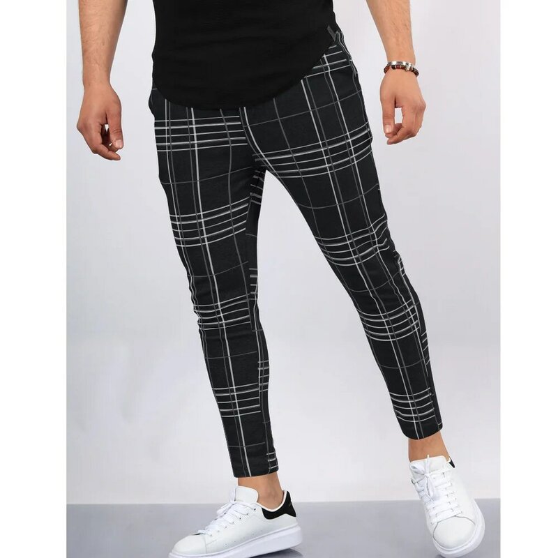 Calça lápis casual listrada em preto e branco masculina, calça xadrez slim fit, streetwear formal, moda empresarial masculina, nova