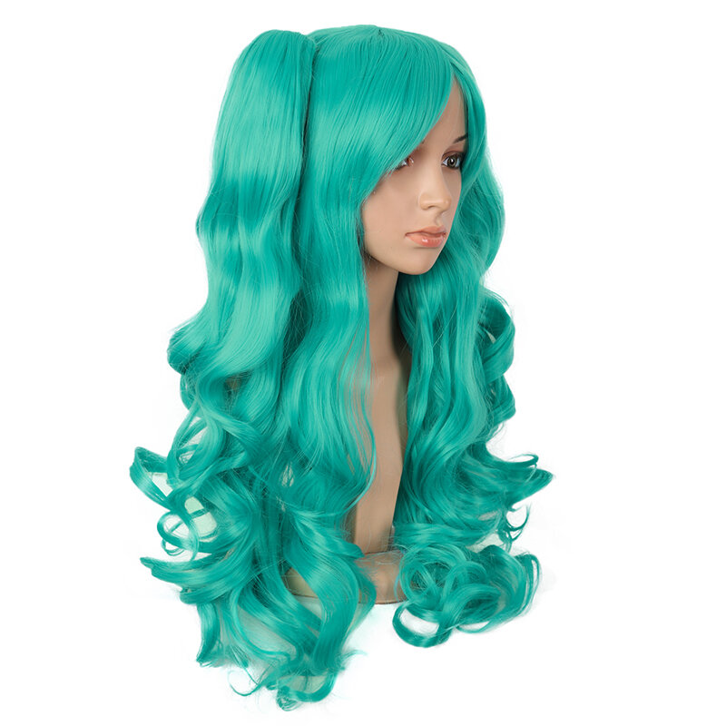 Cos peruca longa encaracolada feminina, Lolita Grip rabo de cavalo, onda grande, anime verde, cabeça cheia