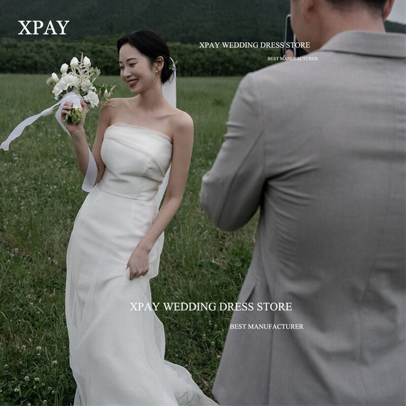 XPAY prosta syrenka jedwabna Organza Korea suknie ślubne sesja zdjęciowa bez ramiączek do podłogi suknie ślubne suknia dla panny młodej ogrodowe