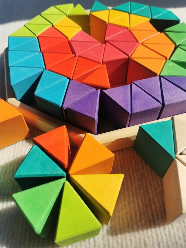 몬테소리 나무 라임 빌딩 무지개 삼각형 건설 스태킹 블록 어린이 교육 놀이, 장난감