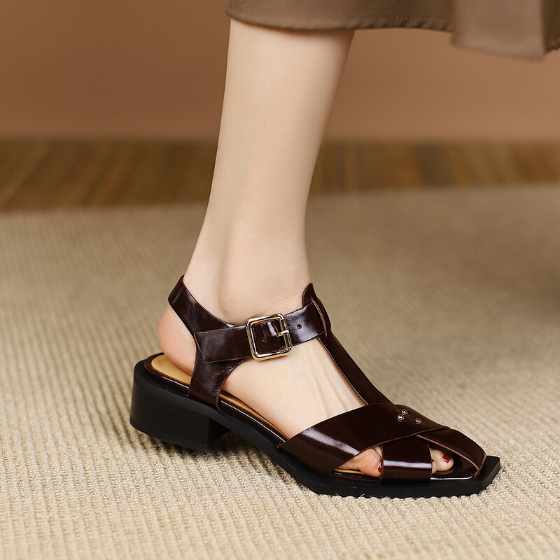 Sandal wanita kulit alami 22-25cm, sandal wanita musim panas, ikat silang Vintage, kulit sapi + kulit babi, baru, 2023