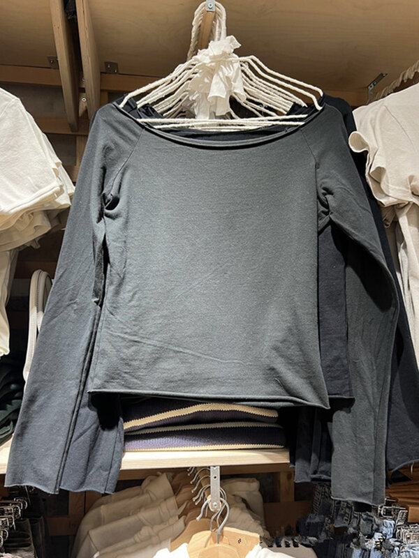 Camiseta Vintage Lisa para mujer, Top corto ajustado de algodón con cuello de barco, manga larga, ropa de calle Harajuku, Y2k, otoño