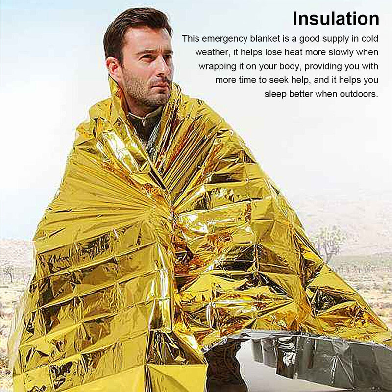 Cobertor de emergência à prova de vento ao ar livre, tampa térmica, dupla face, sono de uso único, manter quente, ouro, 140x210cm